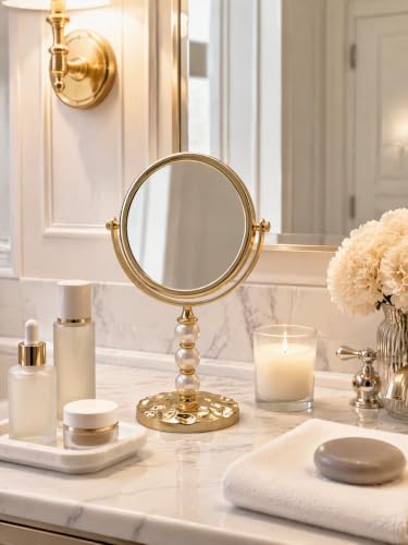 Gold Double Sided Makeup Mirror with 1X & 2X Magnification - Swivel Tabletop Vanity Mirror