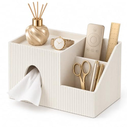 GORESE Leather Square Tissue Box Cover with Storage Tray - Ivory White