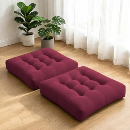 Floor Pillow Set of 2 20 Inch Large Tufted Corduroy Cushions for Sitting Meditation Lounge - Wine Red