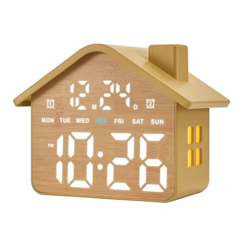 Brown Wooden Digital Alarm Clock with Large Display, Dual Alarms, Ambient Light, Bedroom Decor