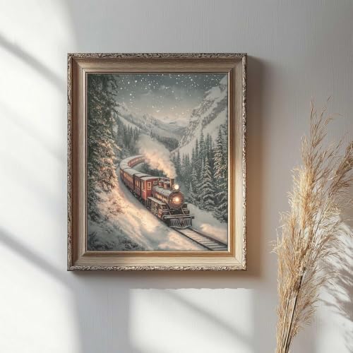 Vintage Christmas Train Wall Art Canvas Print Snowy Mountain Scene 14 x 11