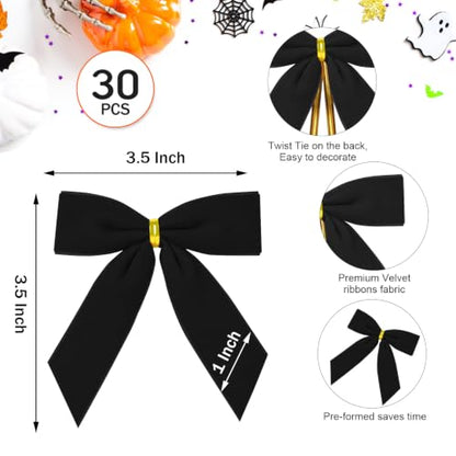 Black Velvet Bow for Christmas & Halloween Tree Decorations 3.5x3.5 Inch - Set of 30