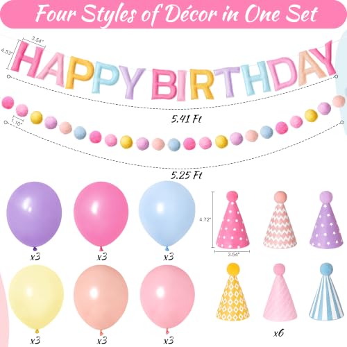 Pastel Rainbow Happy Birthday Banner Set with Party Hats - Soft Colors