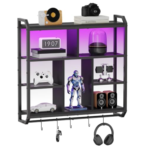 Black HOOBRO LED Floating Wall Shelf with Lights, 28.1 Inch Gaming Shelves