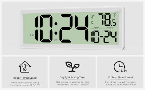 White 14-Inch Digital Wall Clock with Temperature, Date, DST - Silent, Easy Read