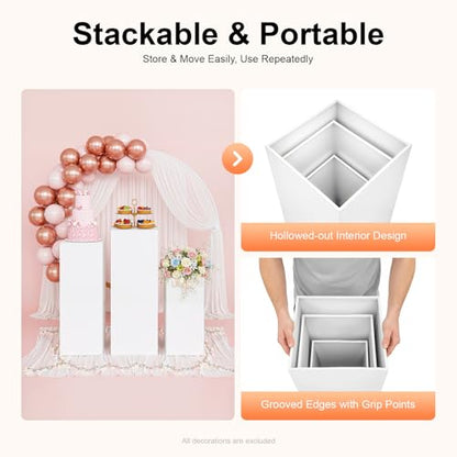 3-Piece Metal Square Display Pedestal Set for Cakes Flowers and Events, White Heavy Duty Stands