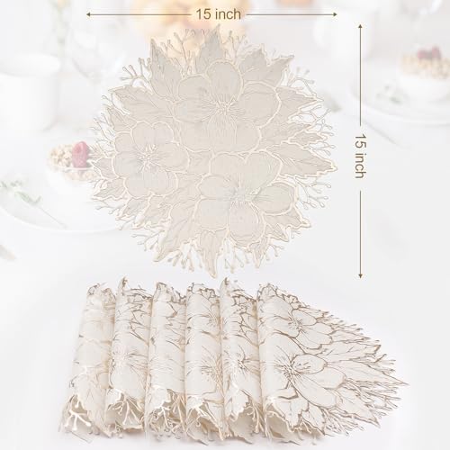 Gold Placemats Set of 6 - Pressed Plum Flower Design, 15.7 Inch