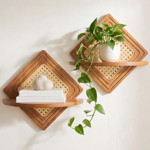 Quadrilateral Floating Shelf Set - Boho Rattan and Wood Wall Storage - Nature Variation