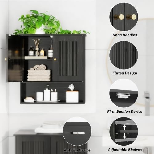 Bathroom Wall Cabinet Over Toilet - Black Fluted Medicine Cabinet with Adjustable Shelves