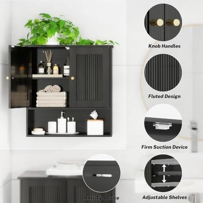 Bathroom Wall Cabinet Over Toilet - Black Fluted Medicine Cabinet with Adjustable Shelves