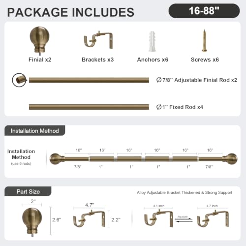 Heavy Duty Adjustable Antique Bronze Curtain Rod 16-88 Inch - 1 Inch Diameter - Blackout Support