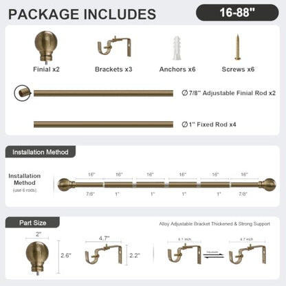 Heavy Duty Adjustable Antique Bronze Curtain Rod 16-88 Inch - 1 Inch Diameter - Blackout Support