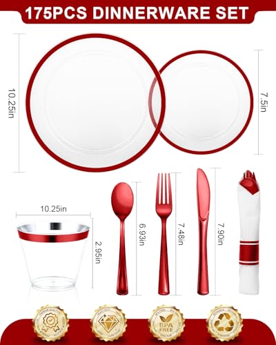 Red Plastic Dinnerware Set for 25 Guests - 175 Pcs, Party Disposable Plates & Cups