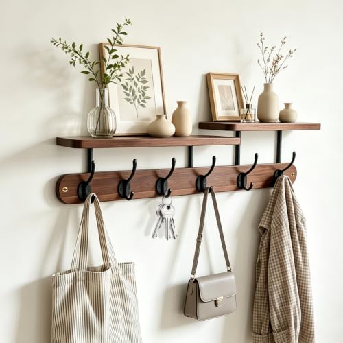 Dark Wood Wall Mount Coat Rack with 2-Tier Shelves and 6 Dual Hooks