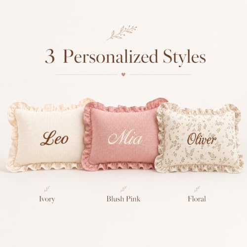 Personalized Nursery Name Pillow with Ruffle Edge - Custom Embroidered Toddler Cushion