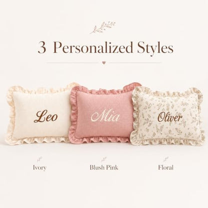 Personalized Nursery Name Pillow with Ruffle Edge - Custom Embroidered Toddler Cushion