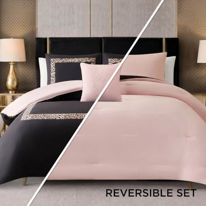 Baby Phat Leopard Hotel Border Comforter Set - Full/Queen, Reversible Microfiber, Black & Pink