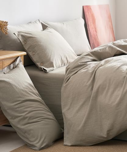 JELLYMONI 100% Washed Cotton Duvet Cover Queen - Khaki Beige Linen-Like
