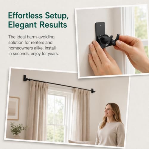 No Drill Curtain Rod Brackets with Adhesive & Screws - Supports 20-30 lb, Fits 0.55-1.2 in Rods - 4 Pack, Matte Black - Variation 4