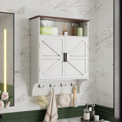 Farmhouse Wall Mount Bathroom Cabinet with Adjustable Shelves & Hooks - Ivory White