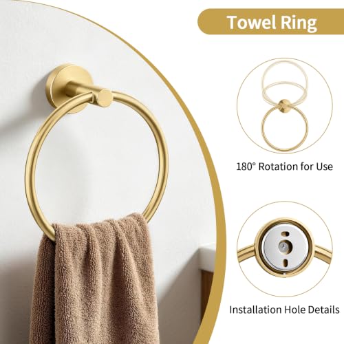 Brushed Gold Bathroom Accessories Set - 24 Inch Towel Bar, Toilet Paper Holder & Rings - Set A
