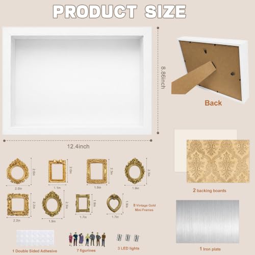 Mini Museum Shadow Box Frame Set with 8 Mini Gold Frames & LED Lights - White