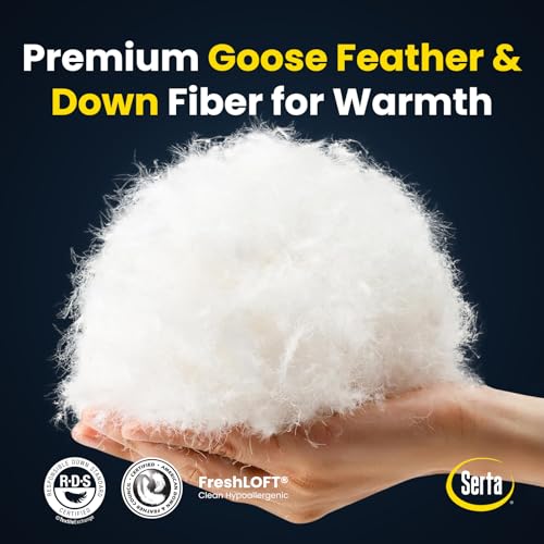 Serta Goose Feathers Down Fiber Comforter Oversize Queen Duvet Insert,100% Cotton, Hotel Luxury Hypoallergenic Comforter 68oz All Season Medium Warmth 90 x 98 in White