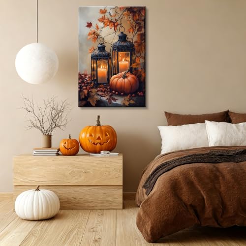 Fall Pumpkin Canvas Wall Art with Lanterns & Maple Leaves - 24x16 Inches - Rustic Autumn Decor