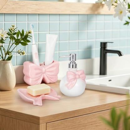 Pink Ceramic Bathroom Accessories Set with Bow - Soap Dispenser Toothbrush Holder & Soap Dish
