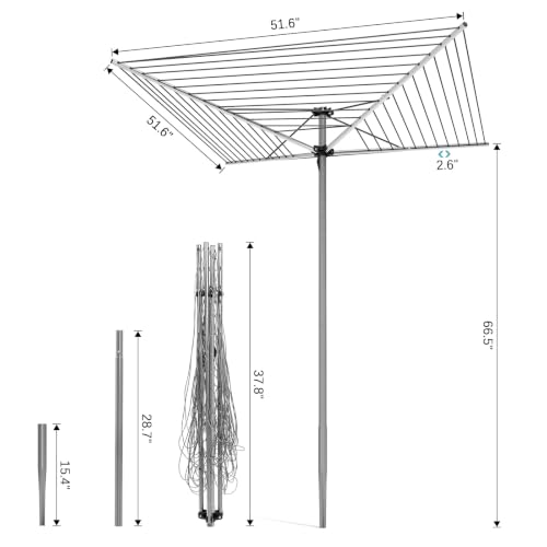 Outdoor Clothes Drying Rack 131ft Umbrella Style with 360° Rotatable Top Gray