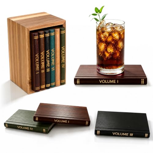 Book Coasters Set of 6 - Wooden Literary Drink Coasters with Stand