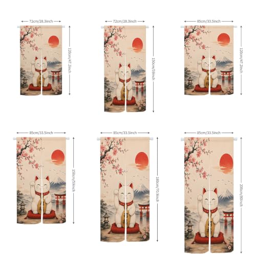 Japanese Lucky Cat Noren Doorway Curtain with Mount Fuji and Cherry Blossom - Red, 33.5 x 59 inches