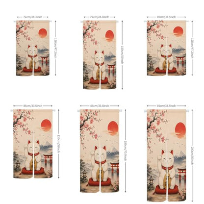 Japanese Lucky Cat Noren Doorway Curtain with Mount Fuji and Cherry Blossom - Red, 33.5 x 59 inches