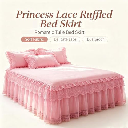 Queen Size Lace Ruffled Bed Skirt - Light Purple 60x80in Romantic Tulle Dust Ruffle