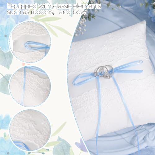 Wedding Ring Pillow with Blue Bow & Lace - 7.9 x 7.9 Inch