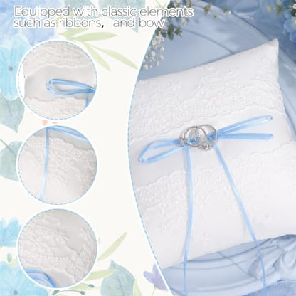 Wedding Ring Pillow with Blue Bow & Lace - 7.9 x 7.9 Inch