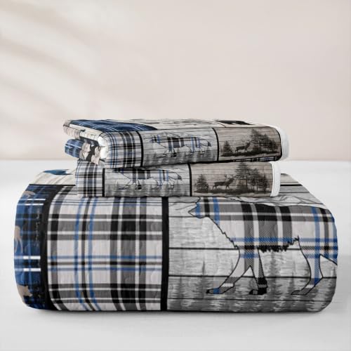 Feelyou Rustic Cabin Quilt Set for All Season Queen Size Blue Gray Bear Deer Wildlife Bedding