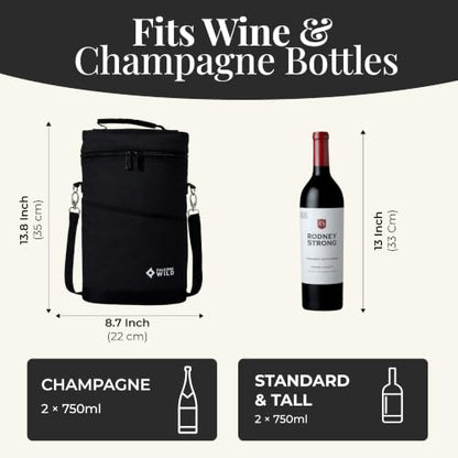 Insulated Wine Cooler Bag with 2 Adjustable Sleeves - Black