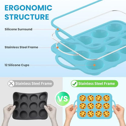 Blue Silicone Muffin Pan for Baking 12 Cups Nonstick Food Grade Mold - Reinforced Frame