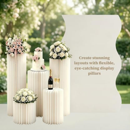 Wedding Pedestal Stand Set with Acrylic Tops - 5 Graduated Heights, Heavy-Duty Columns