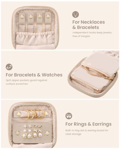 Mini Travel Jewelry Case - Oatmeal Soft PU Leather Pouch with Tangle-Free Compartments