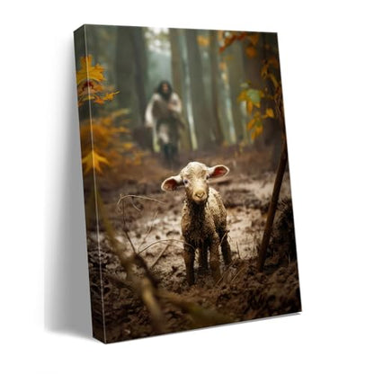 Jesus and Lamb Canvas Wall Art - Religious Christian Decor for Prayer Room, Christmas