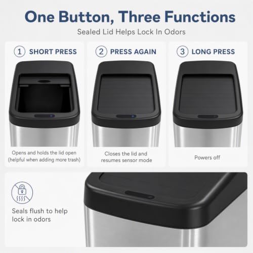 ELLO&ALLO 13 Gallon Touchless Motion Sensor Trash Can - Brushed Stainless Steel, Large, Rolling Lid