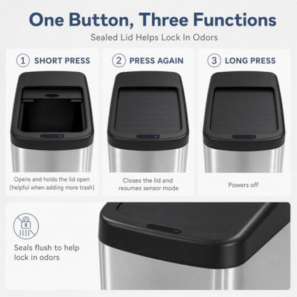 ELLO&ALLO 13 Gallon Touchless Motion Sensor Trash Can - Brushed Stainless Steel, Large, Rolling Lid