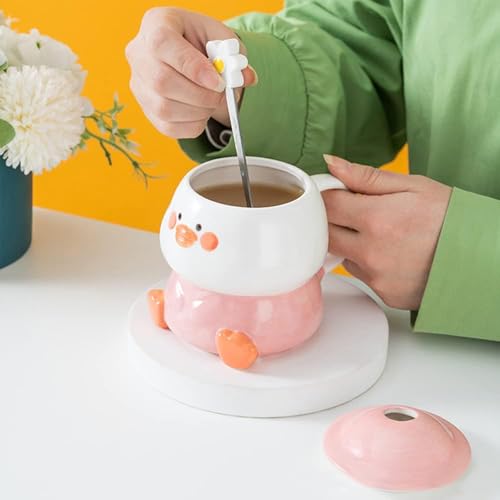 Pink Duck Coffee Mug with Hat Lid and Flower Spoon - Cute 3D Ceramic Drinkware