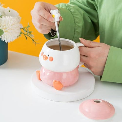 Pink Duck Coffee Mug with Hat Lid and Flower Spoon - Cute 3D Ceramic Drinkware