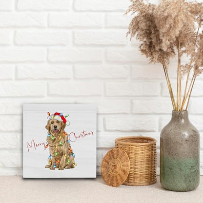Christmas Golden Retriever Dog Wood Box Sign - Holiday Home Decor, 5x5 Inch