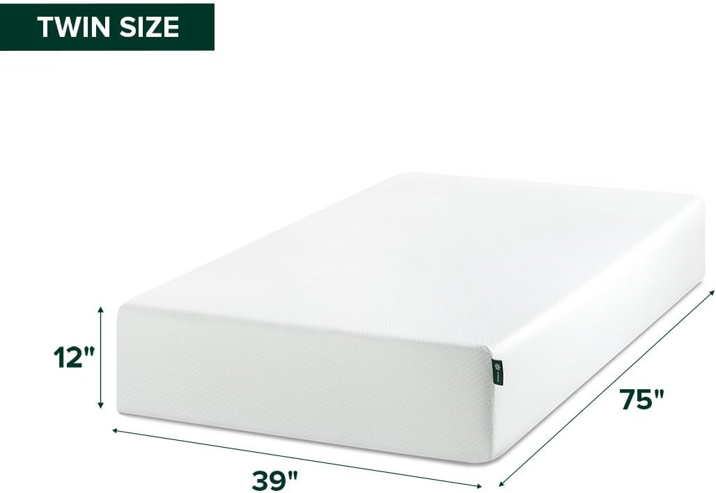Zinus 12 Inch Twin Green Tea Memory Foam Mattress - Medium Firm, Fiberglass Free, Zoned Pressure Relief