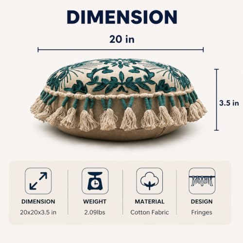 Boho Embroidered Floor Cushion with Tassels 20x20 Inch Meditation Seat