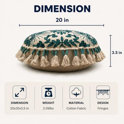 Boho Embroidered Floor Cushion with Tassels 20x20 Inch Meditation Seat